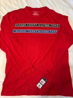 Tommy Hilfiger Men’s Long Sleeve Logo Tee - Red with Navy & Black Stripes